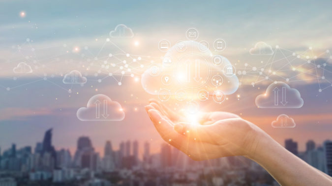 Cloud Computing Concept. Hands holding of Data protected exchang